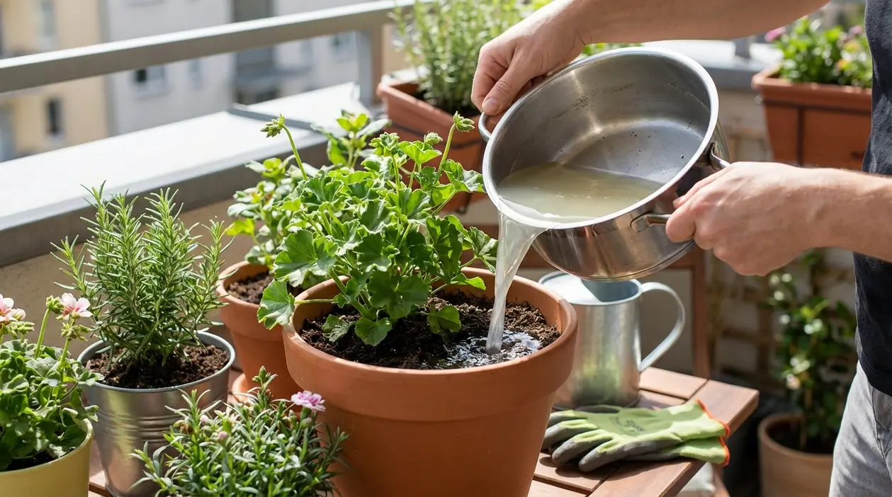 Persona che versa acqua di cottura in un vaso con pianta sul balcone tra erbe aromatiche e fiori