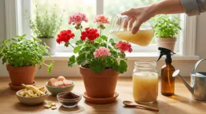 Mano che versa fertilizzante liquido naturale su un geranio in vaso, con ingredienti fai da te sul tavolo