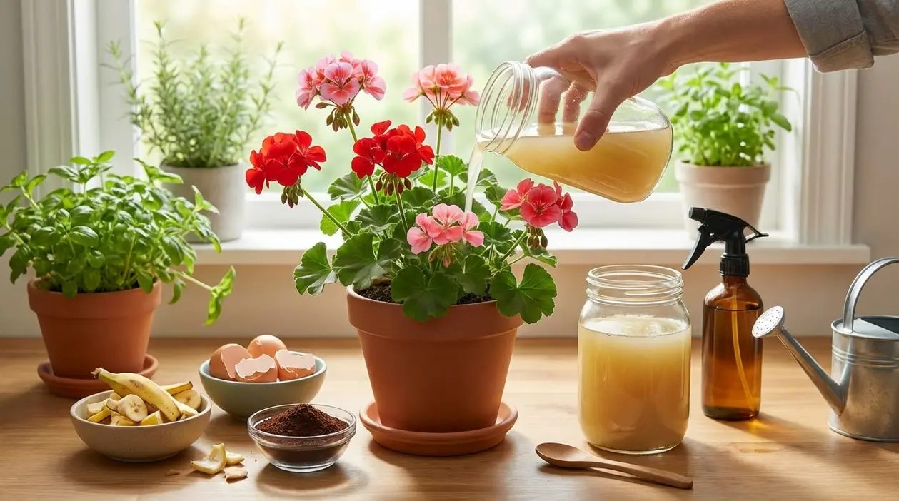 Mano che versa fertilizzante liquido naturale su un geranio in vaso, con ingredienti fai da te sul tavolo