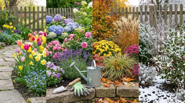 Aiuola da giardino nelle quattro stagioni con fiori primaverili, estivi, colori autunnali e piante innevate