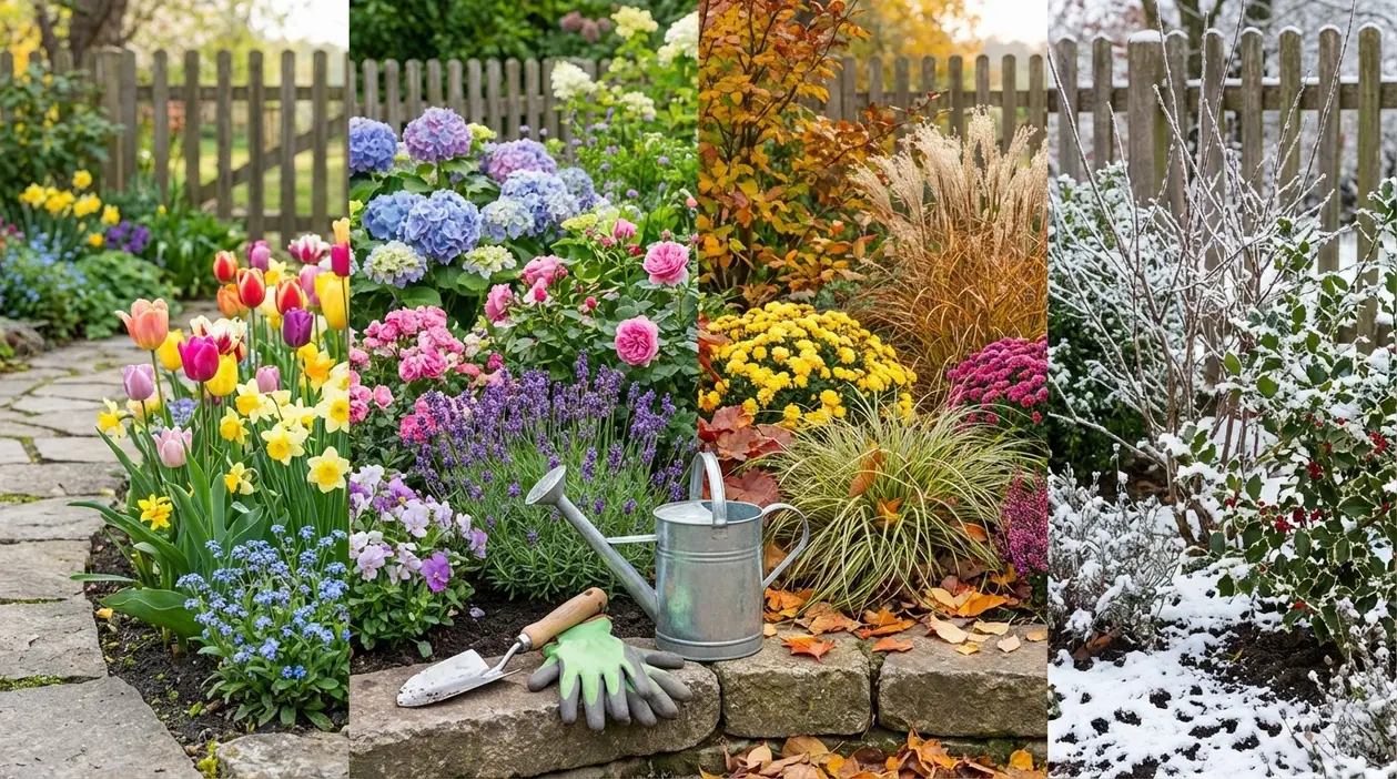 Aiuola da giardino nelle quattro stagioni con fiori primaverili, estivi, colori autunnali e piante innevate