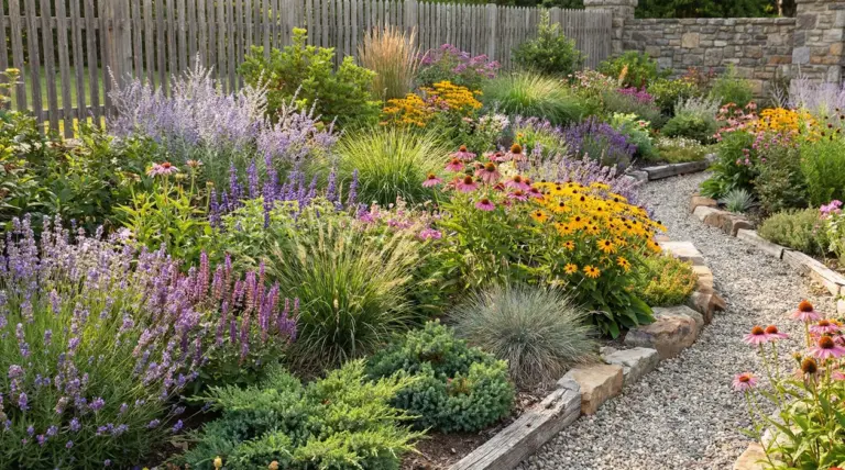 Aiuola fiorita con piante perenni, graminacee ornamentali e vialetto in ghiaia in un giardino curato