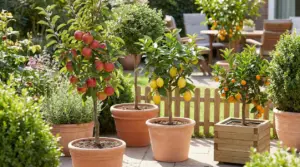 Alberi da frutto in vaso con mele, limoni e agrumi su un patio, ideali per piccoli giardini