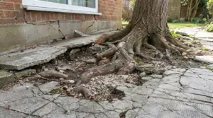 Radici di un grande albero che sollevano la pavimentazione e creano crepe vicino alle fondamenta di una casa