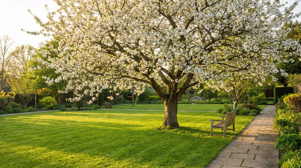 Albero in fiore in un grande giardino con prato verde, panchina e vialetto in pietra al tramonto
