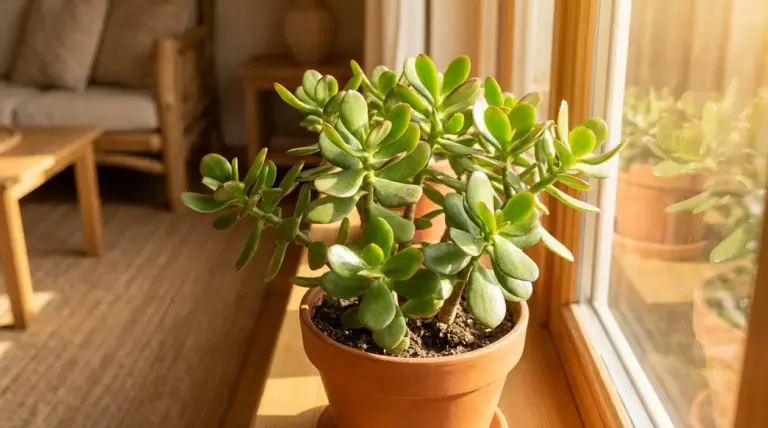 Albero di giada in vaso sul davanzale di una finestra, illuminato dalla luce naturale in casa