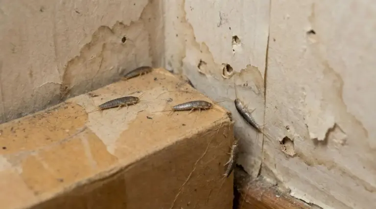 Pesciolini d'argento su un cartone e sul muro rovinato in un angolo di casa, segnale di umidità e infestazione