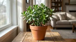 Albero di giada in vaso di terracotta su tavolo vicino a una finestra, in soggiorno luminoso
