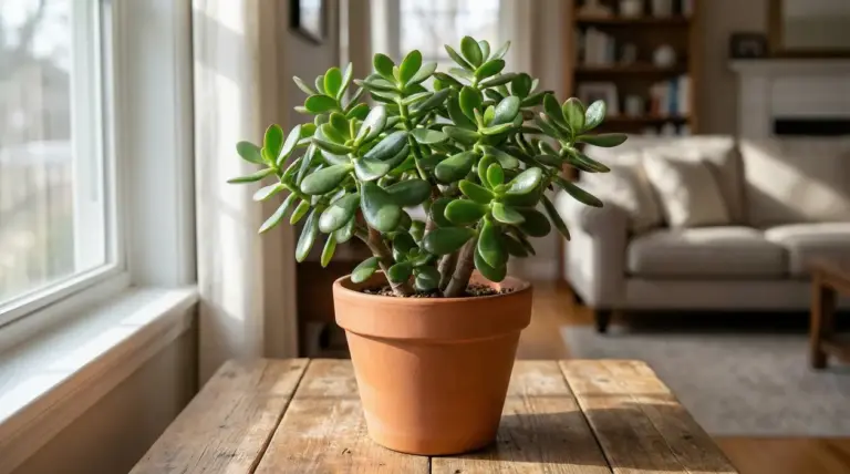 Albero di giada in vaso di terracotta su tavolo vicino a una finestra, in soggiorno luminoso
