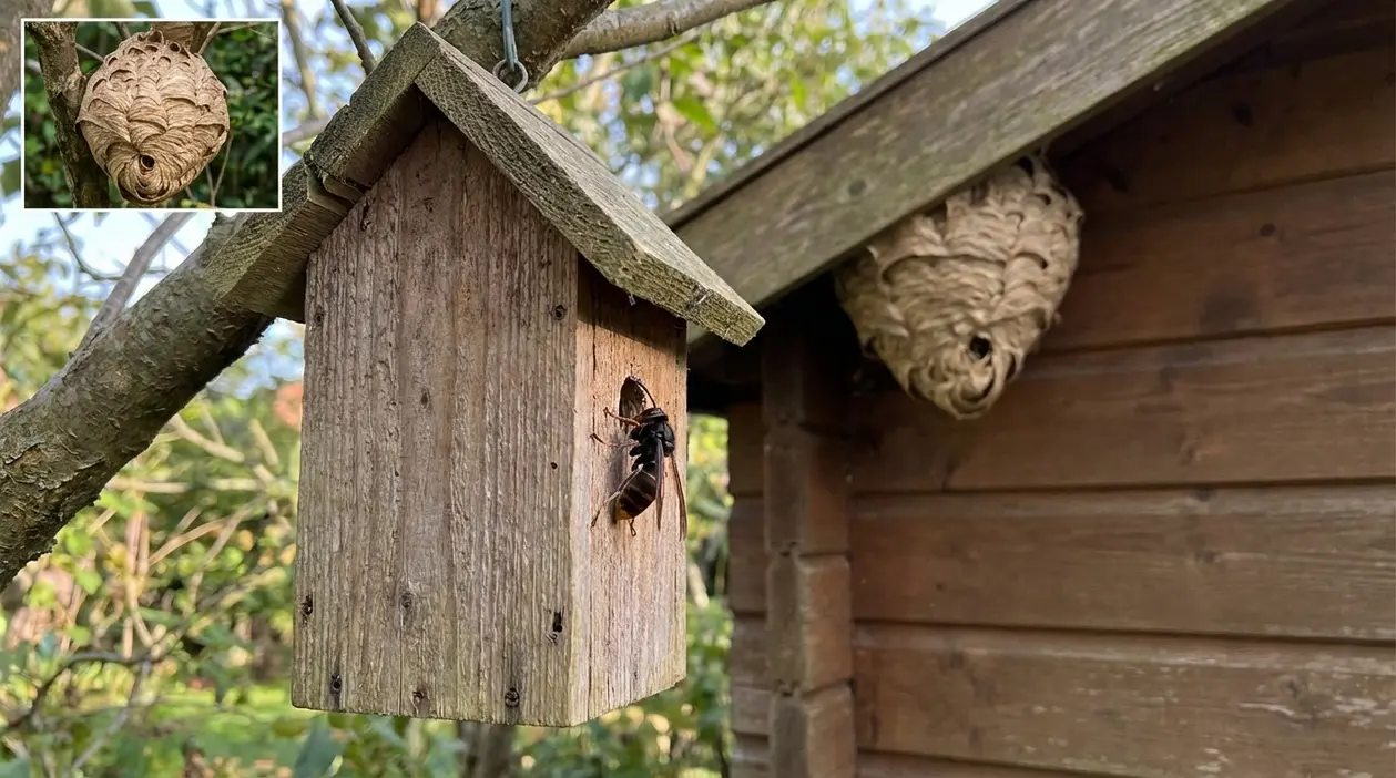 Calabrone asiatico vicino a una casetta di legno con nido appeso sotto il tetto in giardino