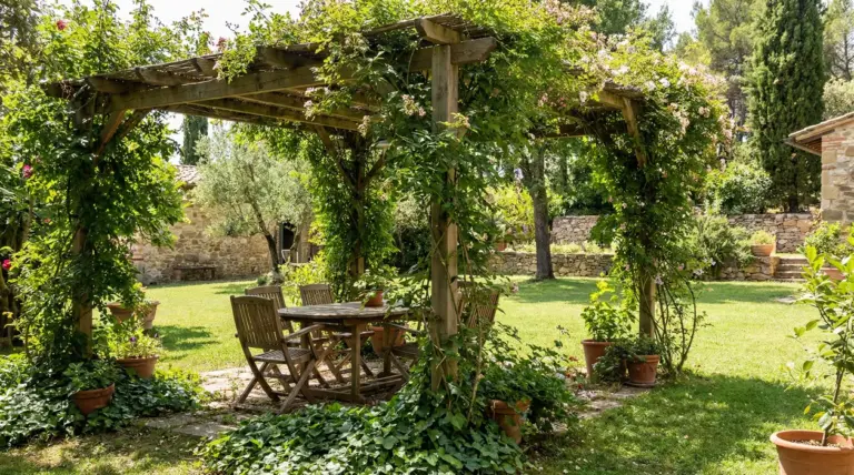 Pergolato in legno coperto da piante rampicanti fiorite che crea un angolo d’ombra naturale in giardino con tavolo e sedie