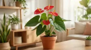 Anthurium in vaso di terracotta con fiori rossi e foglie verdi, in soggiorno luminoso vicino a una finestra