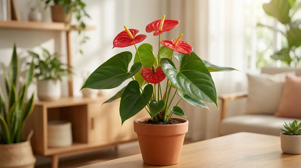 Anthurium in vaso di terracotta con fiori rossi e foglie verdi, in soggiorno luminoso vicino a una finestra