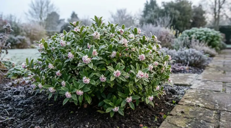 Arbusto sempreverde con fiori rosa chiaro e foglie verdi in giardino, con brina sul terreno vicino a un vialetto