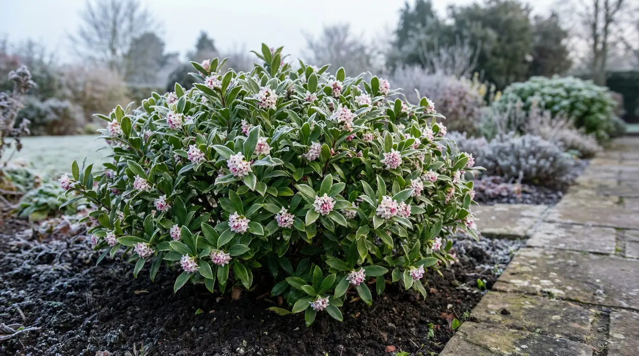 Arbusto sempreverde con fiori rosa chiaro e foglie verdi in giardino, con brina sul terreno vicino a un vialetto