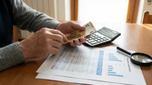 Persona che conta banconote e monete in euro vicino a calcolatrice e documenti con grafici su un tavolo