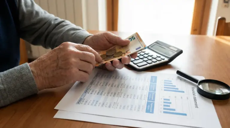 Persona che conta banconote e monete in euro vicino a calcolatrice e documenti con grafici su un tavolo