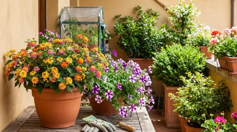 Vasi di fiori colorati su un balcone soleggiato, con lantana e petunie in primo piano