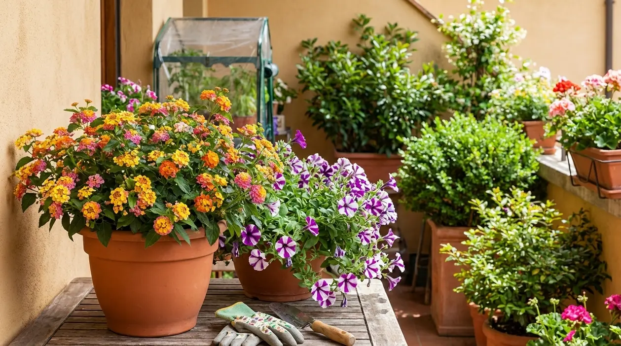 Vasi di fiori colorati su un balcone soleggiato, con lantana e petunie in primo piano