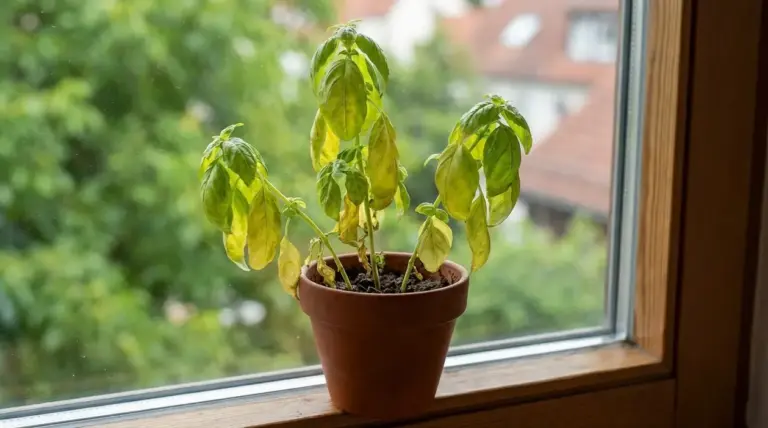 Pianta di basilico appassita in vaso sul davanzale, con foglie ingiallite e pendenti