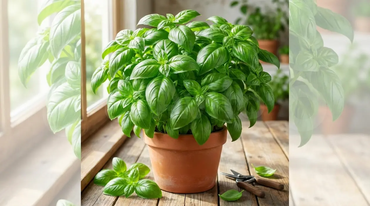 Pianta di basilico folta e sana in vaso di terracotta su un tavolo vicino alla finestra