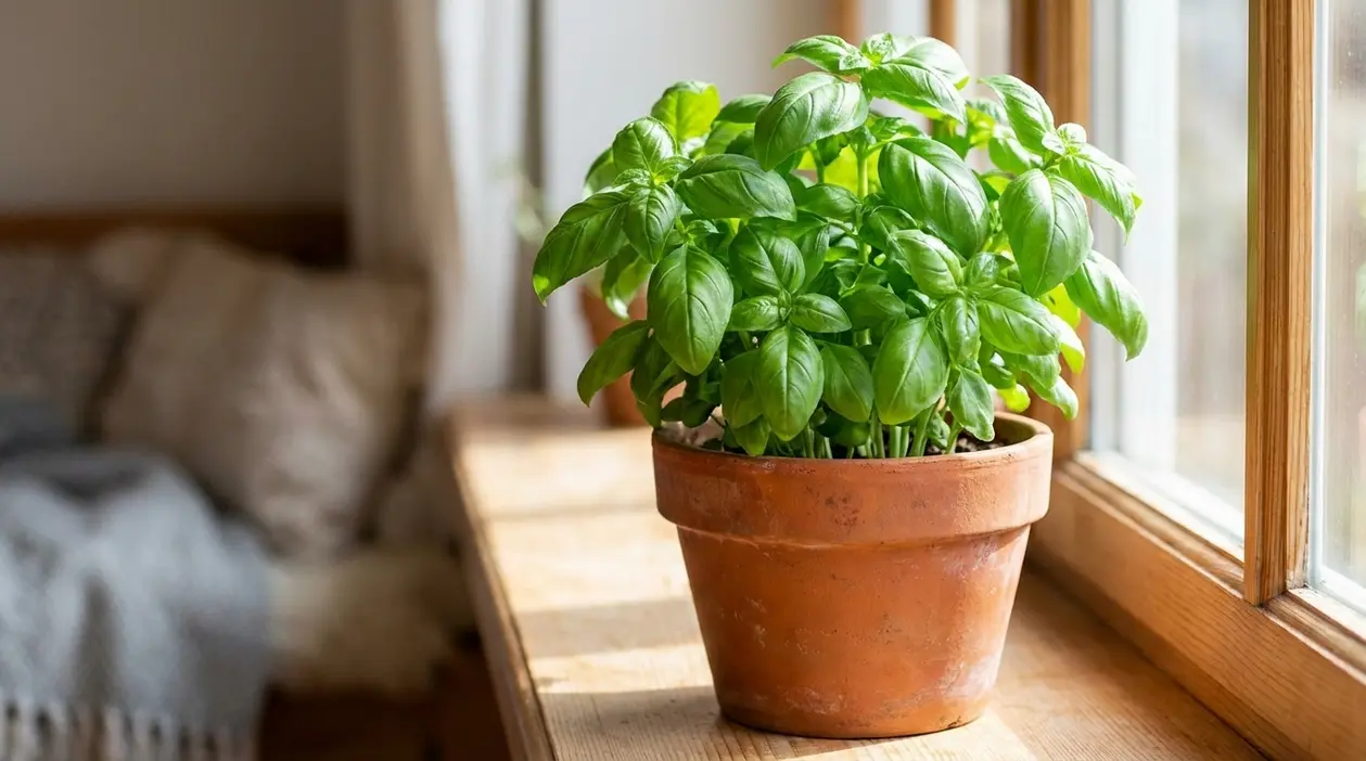 Pianta di basilico rigogliosa in vaso sul davanzale, illuminata dalla luce naturale