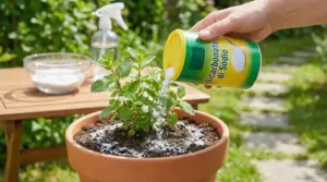 Mano che sparge bicarbonato nel vaso di una pianta aromatica in giardino