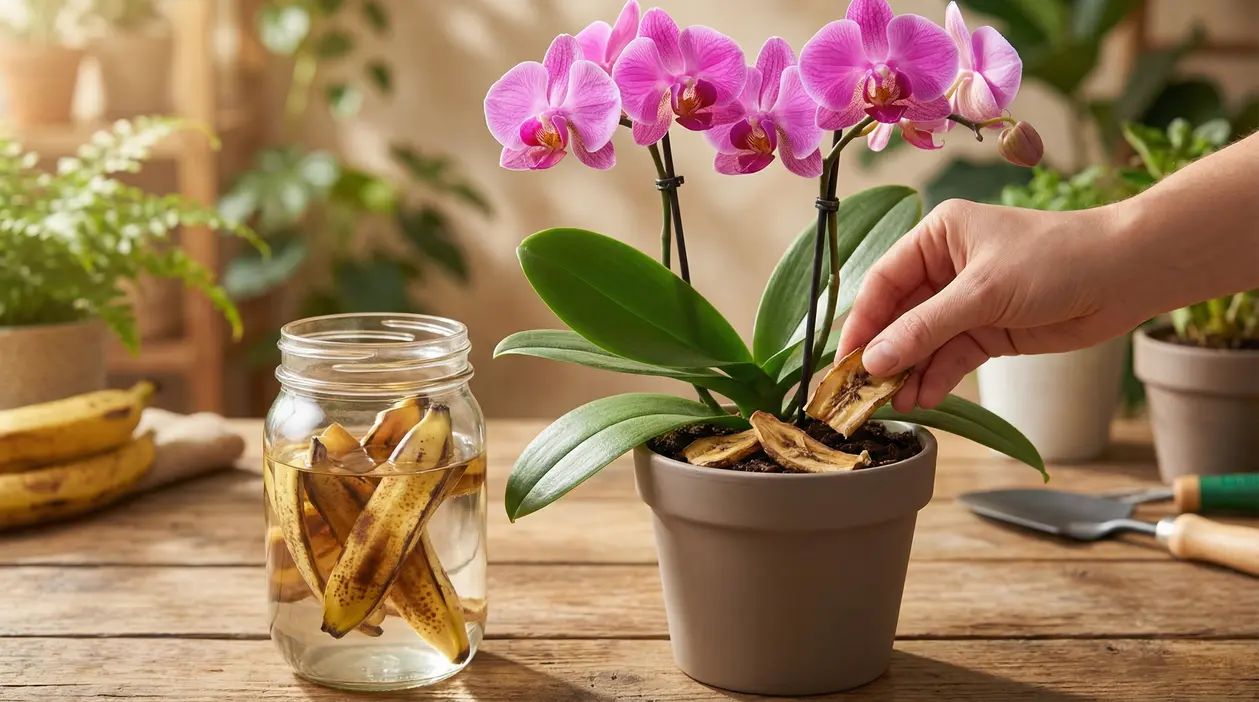 Mano che mette bucce di banana nel vaso di un’orchidea rosa in fiore su un tavolo, accanto a un barattolo con infuso.