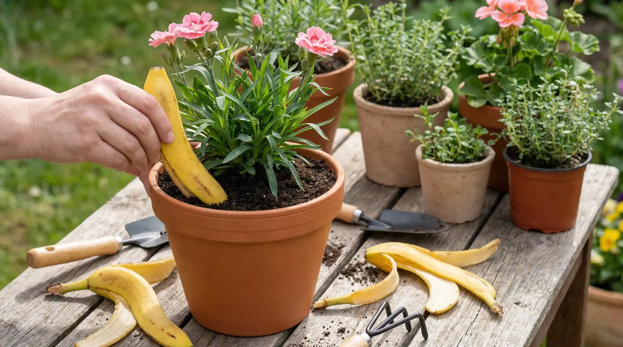 Mano che inserisce una buccia di banana nel terriccio di un vaso con fiori rosa su un tavolo da giardinaggio