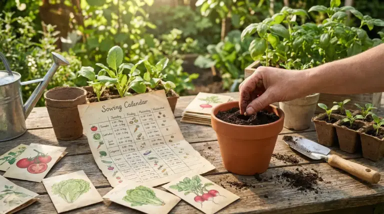 Mano che semina in un vaso di terracotta accanto a calendario di semina e piantine su un tavolo da orto domestico