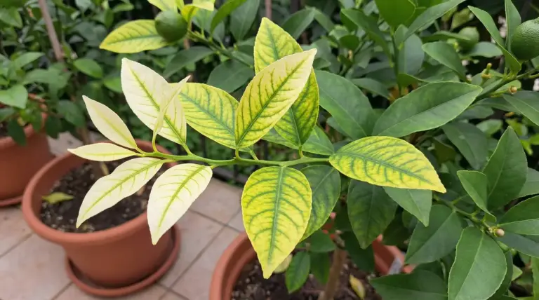Foglie di agrume in vaso con ingiallimento internervale, sintomo visibile di carenza di ferro