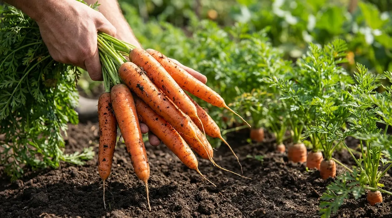 Mani raccolgono carote appena estratte dall’orto, fresche e con residui di terra