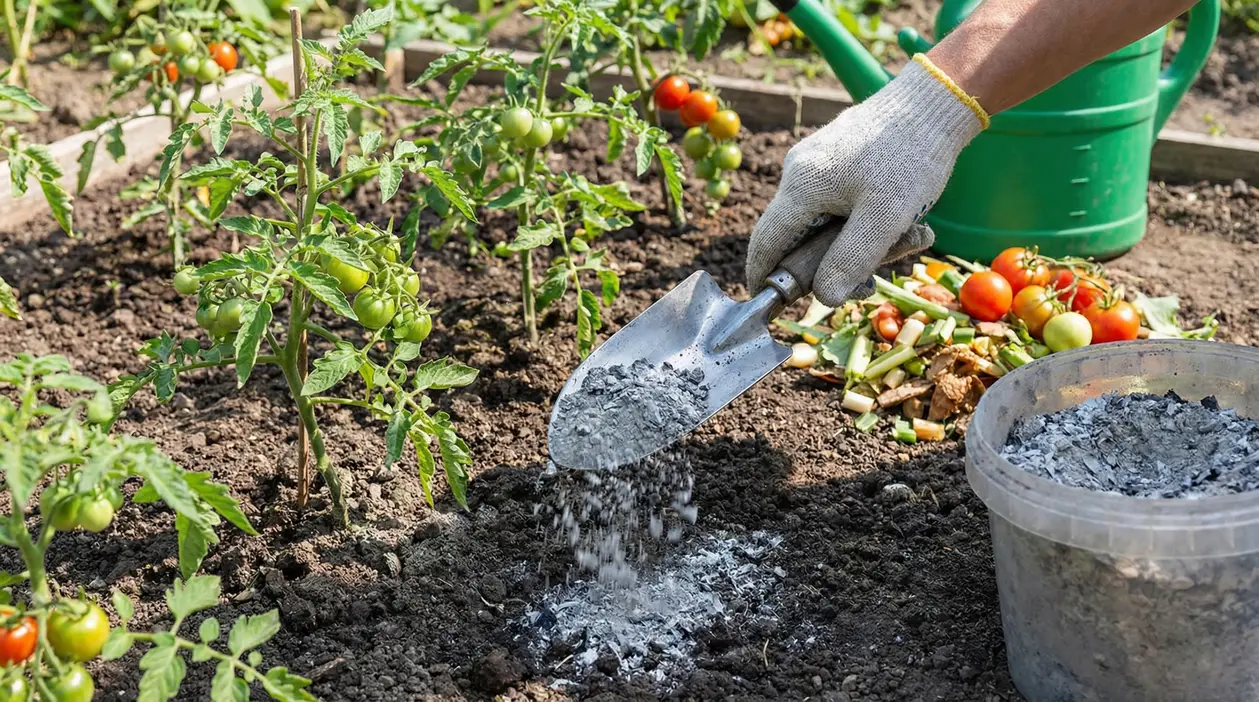 Mano con paletta che sparge cenere nel terreno accanto a piante di pomodoro in orto