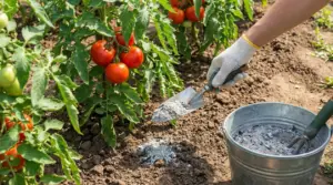 Persona che sparge cenere nel terreno vicino a piante di pomodoro mature nell'orto