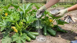 Mani con guanti spargono cenere alla base di piante di zucchine nell'orto.