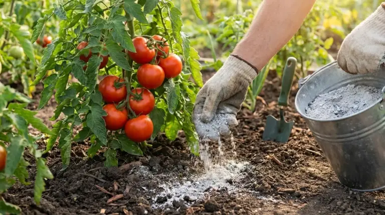 Mani con guanti spargono cenere alla base di una pianta di pomodori maturi nell'orto