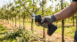 Persona con cesoie elettriche che pota un ramo di albero in un frutteto