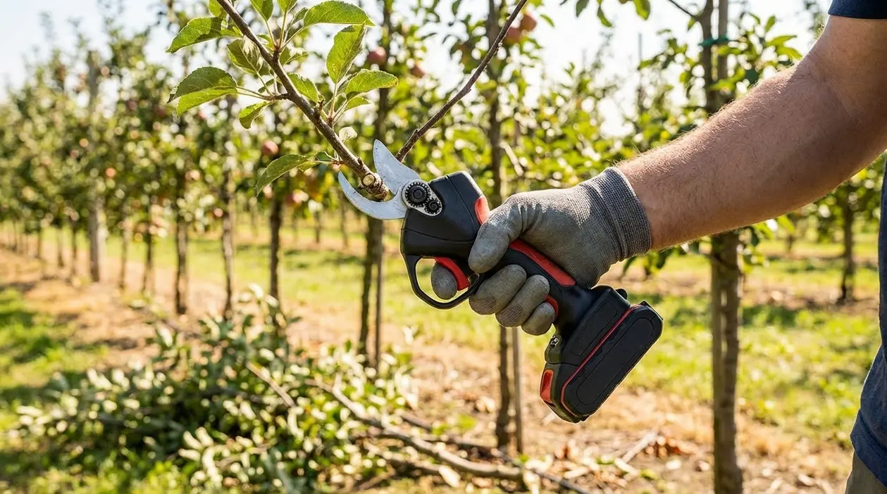 Persona con cesoie elettriche che pota un ramo di albero in un frutteto