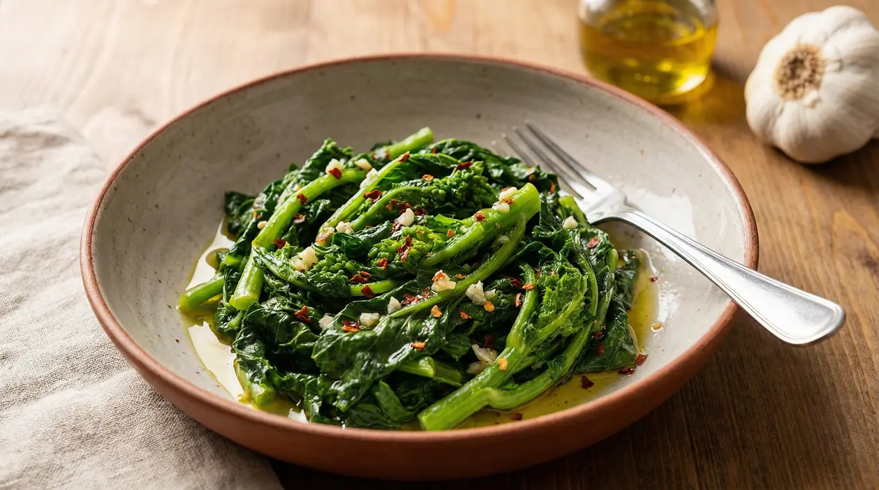 Piatto di cime di rapa condite con olio, aglio e peperoncino, servite in una ciotola con forchetta
