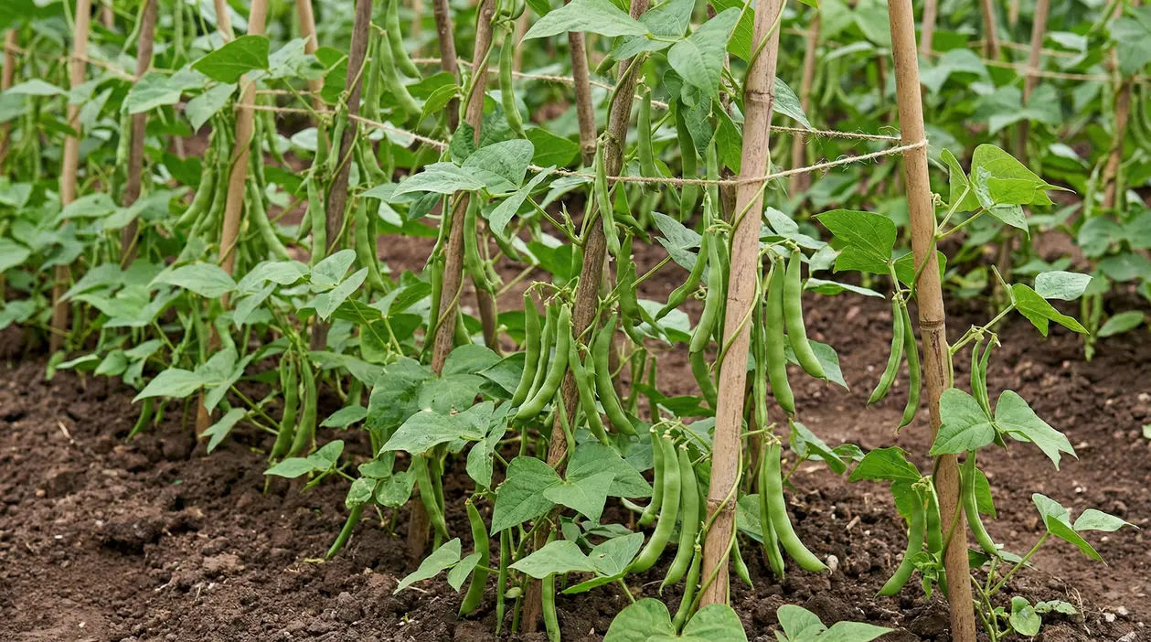 Piante di fagiolini rampicanti con baccelli verdi sostenute da canne e spago nell’orto