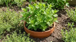 Pianta di menta coltivata in vaso di terracotta nell'orto, soluzione pratica per limitarne la crescita