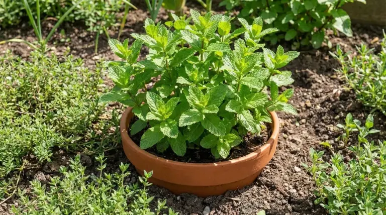 Pianta di menta coltivata in vaso di terracotta nell'orto, soluzione pratica per limitarne la crescita