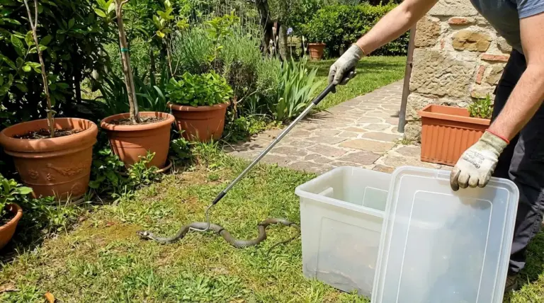 Persona in giardino cattura una biscia con un gancio e un contenitore di plastica in sicurezza