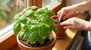 Pianta di basilico rigogliosa in vaso sul davanzale, con una persona che sistema il terriccio in casa