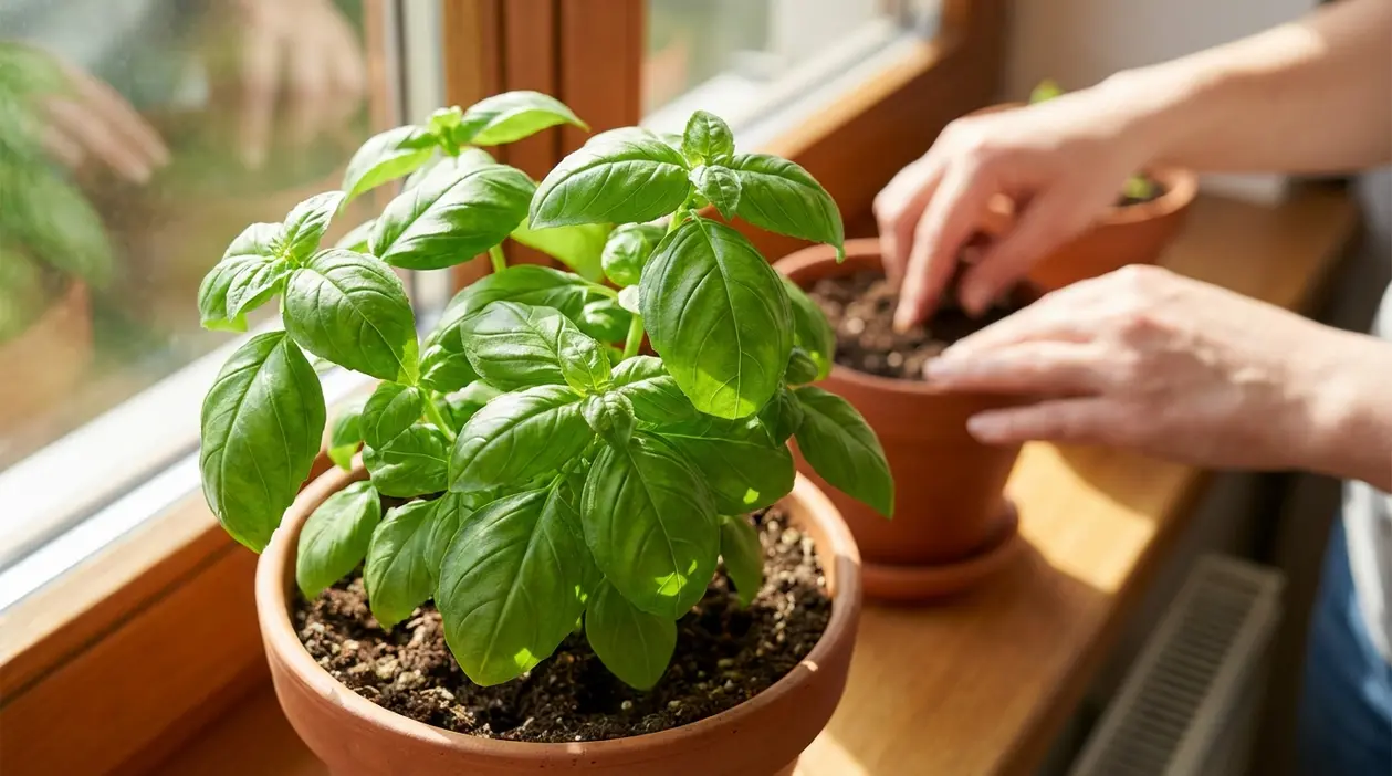 Pianta di basilico rigogliosa in vaso sul davanzale, con una persona che sistema il terriccio in casa