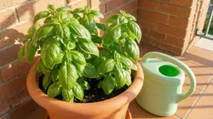 Pianta di basilico rigogliosa in vaso sul balcone, accanto a un annaffiatoio