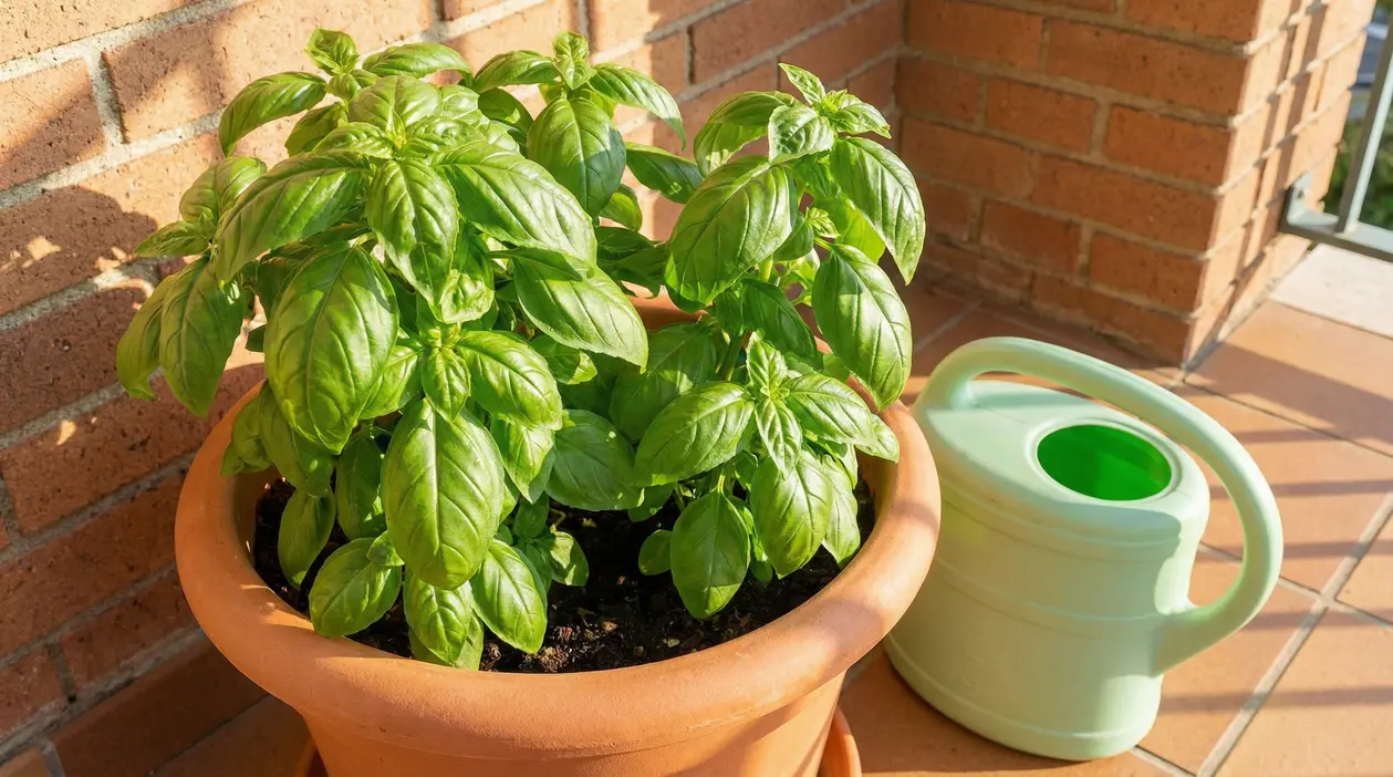 Pianta di basilico rigogliosa in vaso sul balcone, accanto a un annaffiatoio