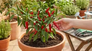 Pianta di peperoncino in vaso con frutti rossi e verdi, mentre una mano raccoglie un peperoncino maturo