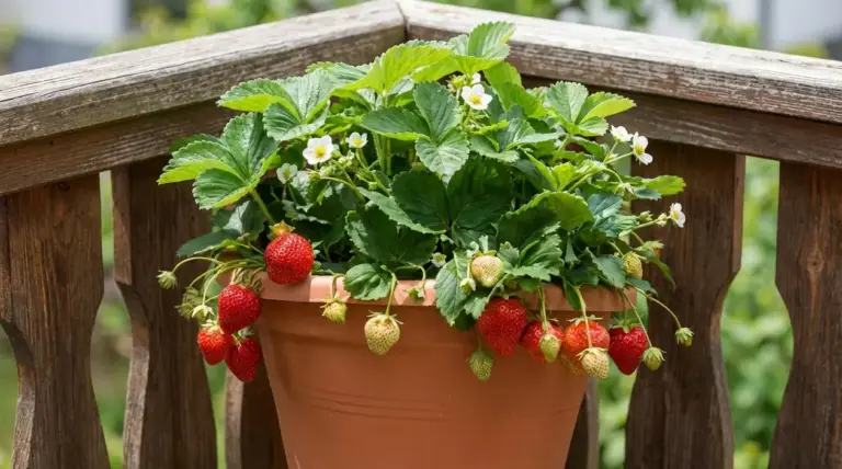 Pianta di fragole in vaso su balcone, con frutti maturi, fragoline acerbe e fiori bianchi