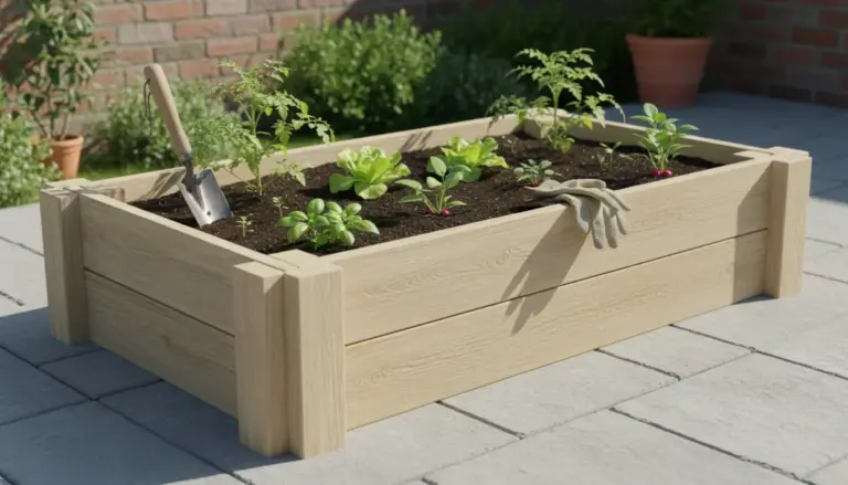 Orto rialzato in legno con giovani piante di ortaggi, paletta da giardinaggio e guanti appoggiati sul bordo